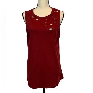 Jeanewpole1 Ripped Casual Tank Top Sleeveless Crew Neck Loose Summer - Wine Red